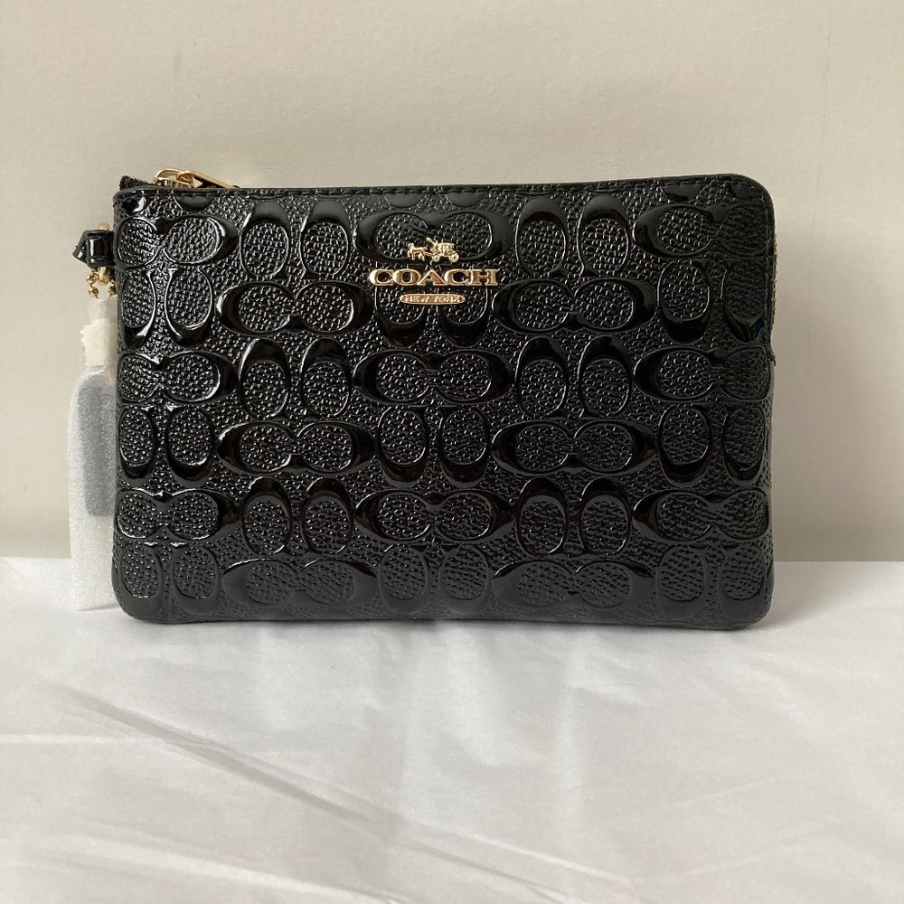 Coach Corner Zip Signature Debossed Patent Leather Wristlet